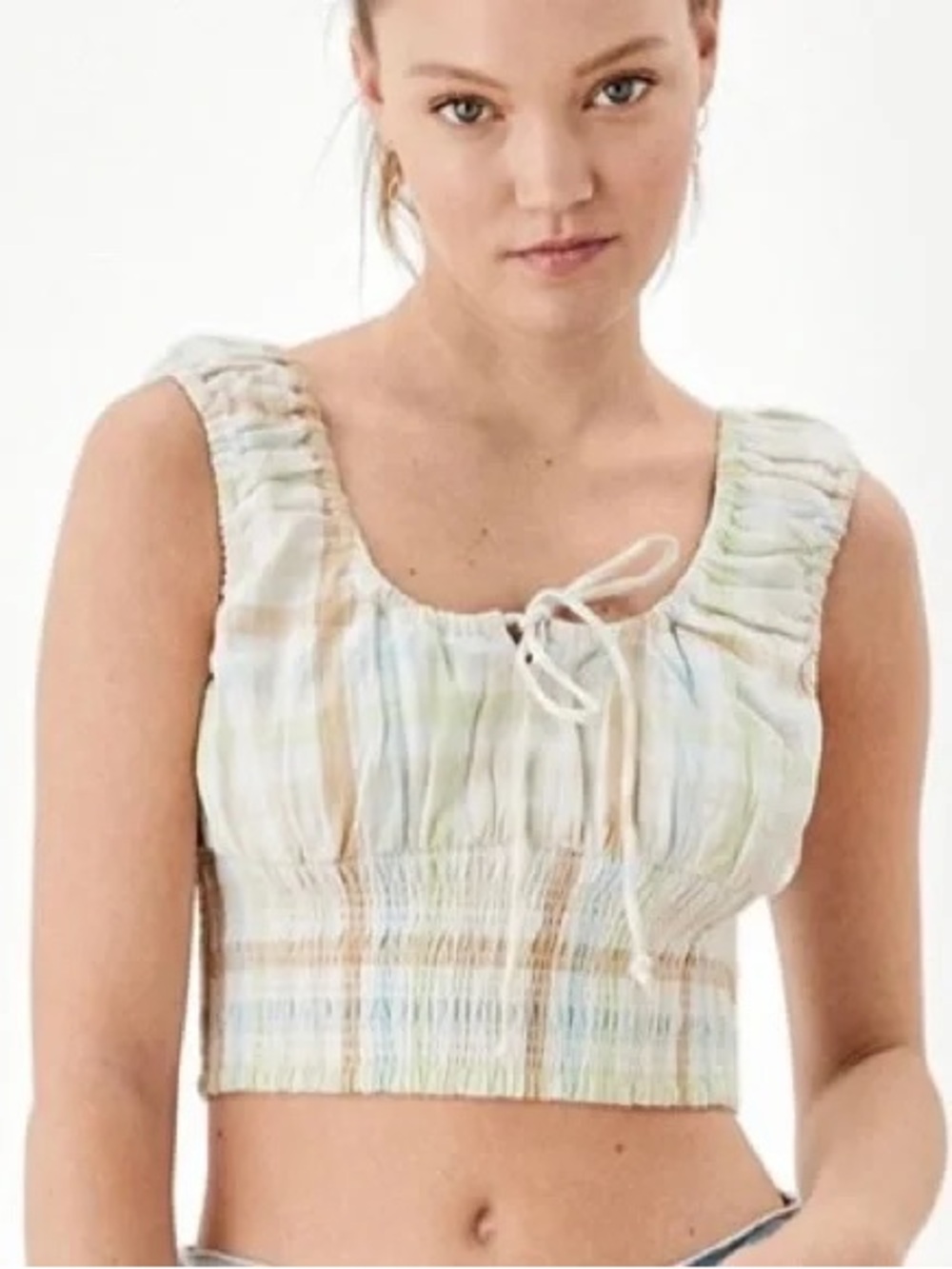 American eagle Smocked Tie-Front Crop Top in Pastel Stripes